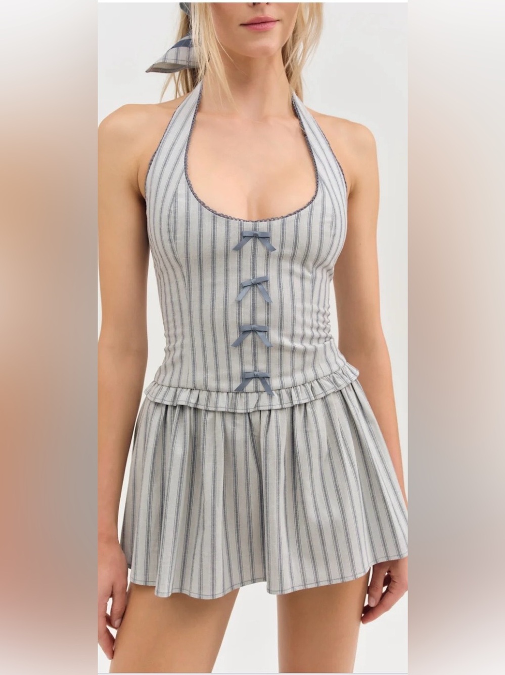 For Love And Lemons Light Gray Striped Smocked Halter Mini Dress